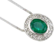 1.2CT DIAMOND & AAA EMERALD 14K WHITE GOLD 3D OVAL & ROUND HALO FLOATING PENDANT