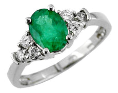 1.42CT DIAMOND & AAA EMERALD 14K WHITE GOLD CLASSIC OVAL & ROUND ENGAGEMENT RING