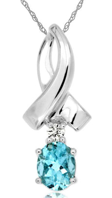 0.33CT DIAMOND & AAA AQUAMARINE 14K WHITE GOLD OVAL & ROUND LOVE FLOATING PENDANT