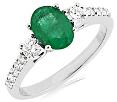 1.55CT DIAMOND & AAA EMERALD 14KT WHITE GOLD OVAL & ROUND 3 STONE PROMISE RING