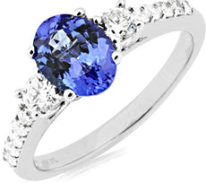 DIAMOND & AAA TANZANITE 14KT WHITE GOLD 3D 3 STONE OVAL & ROUND ENGAGEMENT RING