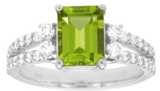 2.25CT DIAMOND & AAA PERIDOT 14KT WHITE GOLD EMERALD CUT & ROUND ENGAGEMENT RING