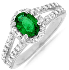 1.45CT DIAMOND & AAA EMERALD 14K WHITE GOLD 3D OVAL & ROUND HALO ENGAGEMENT RING