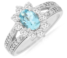 1.49CT DIAMOND & AAA AQUAMARINE 14KT WHITE GOLD 3D OVAL & ROUND FLOWER LOVE RING