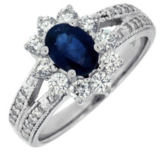 1.84CT DIAMOND & AAA SAPPHIRE 14K WHITE GOLD 3D OVAL & ROUND CLASSIC FLOWER RING