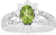 1.68CT DIAMOND & AAA PERIDOT 14KT WHITE GOLD 3D OVAL & ROUND FLOWER FUN RING