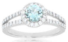 1.03CT DIAMOND & AAA AQUAMARINE 14KT WHITE GOLD 3D ROUND HALO ENGAGEMENT RING