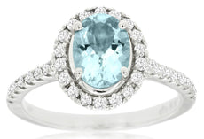 1.60CT DIAMOND & AAA AQUAMARINE 14KT WHITE GOLD 3D OVAL & ROUND ENGAGEMENT RING