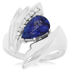 2.26CT DIAMOND & AAA TANZANITE 14KT WHITE GOLD 3D PEAR SHAPE & ROUND LOVE RING