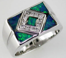 ESTATE .17CT DIAMOND & AAA OPAL 14KT WHITE GOLD 3D CLASSIC SQUARE MENS RING