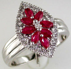 1.08CT DIAMOND & AAA RUBY 14KT WHITE GOLD 3D MARQUISE & ROUND FLOWER FUN RING