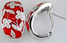 DIAMOND & ORANGE ENAMEL 14KT WHITE GOLD 3D MULTI FLOWER FUN CLIP ON EARRINGS