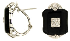 ESTATE .25CT DIAMOND & AAA ONYX 14K WHITE GOLD 3D SQUARE FLOWER CLIP ON EARRINGS