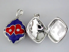 ESTATE .12CT DIAMOND & AAA BLUE & RED ENAMEL 14KT WHITE GOLD 3D LOCKET PENDANT