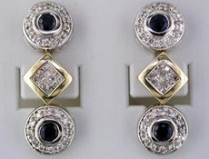 1.22CT DIAMOND & AAA SAPPHIRE 14KT 2 TONE GOLD ROUND & PRINCESS HANGING EARRINGS