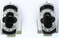 ESTATE .12CT DIAMOND & AAA BLACK ENAMEL 14KT WHITE GOLD FLOWER HANGING EARRINGS