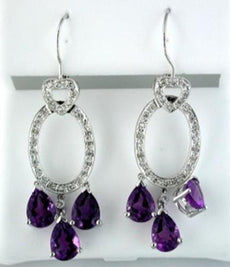 4.25CT DIAMOND & AAA AMETHYST 14KT WHITE GOLD PEAR SHAPE HEART HANGING EARRINGS