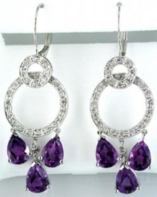 4.48CT DIAMOND & AAA AMETHYST 14K WHITE GOLD CIRCULAR TEAR DROP HANGING EARRINGS