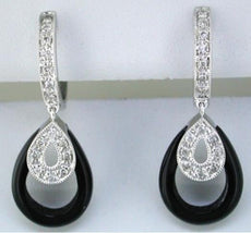 ESTATE 0.17CT DIAMOND & AAA ONYX 14KT GOLD 3D DOUBLE TEAR DROP HANGING EARRINGS