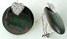 .20CT DIAMOND & AAA BLACK MOTHER OF PEARL 14K WHITE GOLD HEART CLIP ON EARRINGS