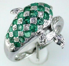 1.49CT DIAMOND & AAA EMERALD 14KT WHITE GOLD 3D CLASSIC HAPPY DOLPHIN FUN RING