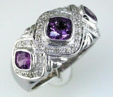 1.51CT DIAMOND & AAA AMETHYST 14KT WHITE GOLD CUSHION & ROUND 3 STONE FUN RING