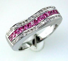 1.08CT DIAMOND & AAA PINK SAPPHIRE 14K WHITE GOLD PRINCESS & ROUND WAVE FUN RING