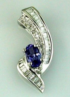 .42CT DIAMOND & AAA TANZANITE 14KT WHITE GOLD 3D OVAL ROUND & BAGUETTE PENDANT
