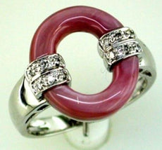 ESTATE .08CT DIAMOND & AAA PINK MOTHER OF PEARL 14KT WHITE GOLD 3D OVAL FUN RING