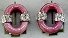 ESTATE .15CT DIAMOND & PINK MOTHER OF PEARL 14K WHITE GOLD OVAL HANGING EARRINGS