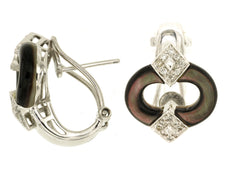 ESTATE .22CT DIAMOND & AAA MOTHER OF PEARL 14KT WHITE GOLD OVAL CLIP ON EARRINGS