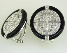 ESTATE .32CT DIAMOND & AAA ONYX 14KT WHITE GOLD FILIGREE CIRCLE CLIP ON EARRINGS