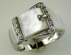 ESTATE .12CT DIAMOND & AAA WHITE MOTHER OF PEARL 14K WHITE GOLD 3D BELT FUN RING