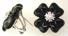ESTATE 0.28CT DIAMOND & AAA ONYX 14KT WHITE GOLD CLASSIC FLOWER CLIP ON EARRINGS