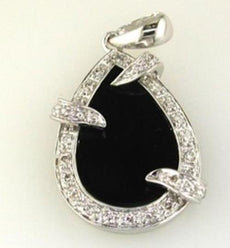 ESTATE .20CT DIAMOND & AAA ONYX 14KT WHITE GOLD 3D CLASSIC TEAR DROP FUN PENDANT