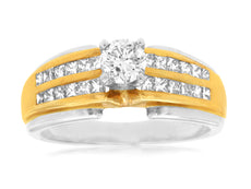 .95CT DIAMOND 14KT 2 TONE GOLD 3D ROUND AND PRINCESS CUT CLASSIC ENGAGEMENT RING