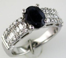2.33CT DIAMOND AAA SAPPHIRE 14K WHITE GOLD OVAL ROUND & BAGUETTE ENGAGEMENT RING