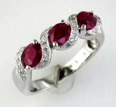 1.39CT DIAMOND & AAA RUBY 14KT WHITE GOLD OVAL 3D 3 STONE SWIRL ANNIVERSARY RING