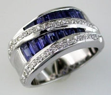 WIDE 1.85CT DIAMOND & AAA SAPPHIRE 14KT WHITE GOLD 3D BAGUETTE ANNIVERSARY RING