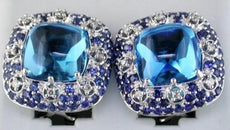 18.03CT DIAMOND & AAA SAPPHIRE & BLUE TOPAZ 14K WHITE GOLD HALO HANGING EARRINGS