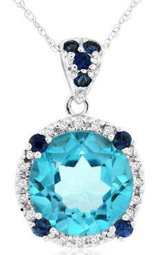 4.55CT DIAMOND & AAA SAPPHIRE & BLUE TOPAZ 14KT WHITE GOLD 3D ROUND HALO PENDANT