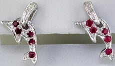 ESTATE .39CT DIAMOND & AAA RUBY 14K WHITE GOLD 3D HAPPY DOLPHIN HANGING EARRINGS