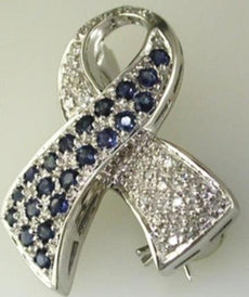 .99CT DIAMOND & AAA SAPPHIRE 14KT WHITE GOLD CANCER AWARENESS RIBBON PIN PENDANT