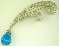 6.26CT DIAMOND & AAA BLUE TOPAZ 14KT WHITE GOLD DOUBLE LEAF TEAR DROP BROOCH PIN
