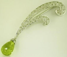 5.3CT DIAMOND & AAA LEMON QUARTZ 14K WHITE GOLD DOUBLE LEAF TEAR DROP BROOCH PIN