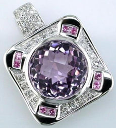 6.82CT DIAMOND AAA PINK SAPPHIRE & AMETHYST 14KT WHITE GOLD ROUND SQUARE PENDANT