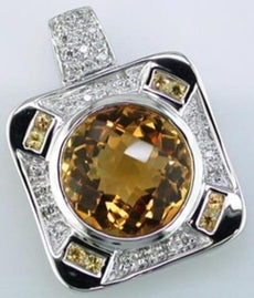 6.12CT DIAMOND AAA YELLOW SAPPHIRE & CITRINE 14K WHITE GOLD SQUARE ROUND PENDANT