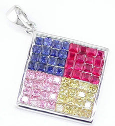 2.90CT AAA MULTI COLOR SAPPHIRE 14K WHITE GOLD PRINCESS INVISIBLE SQUARE PENDANT