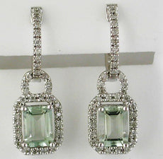 2.10CT DIAMOND & AAA GREEN AMETHYST 14KT WHITE GOLD EMERALD CUT HANGING EARRINGS