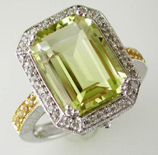 7.07CT DIAMOND & AAA LEMON QUARTZ 14K 2 TONE GOLD EMERALD CUT & ROUND FUN RING